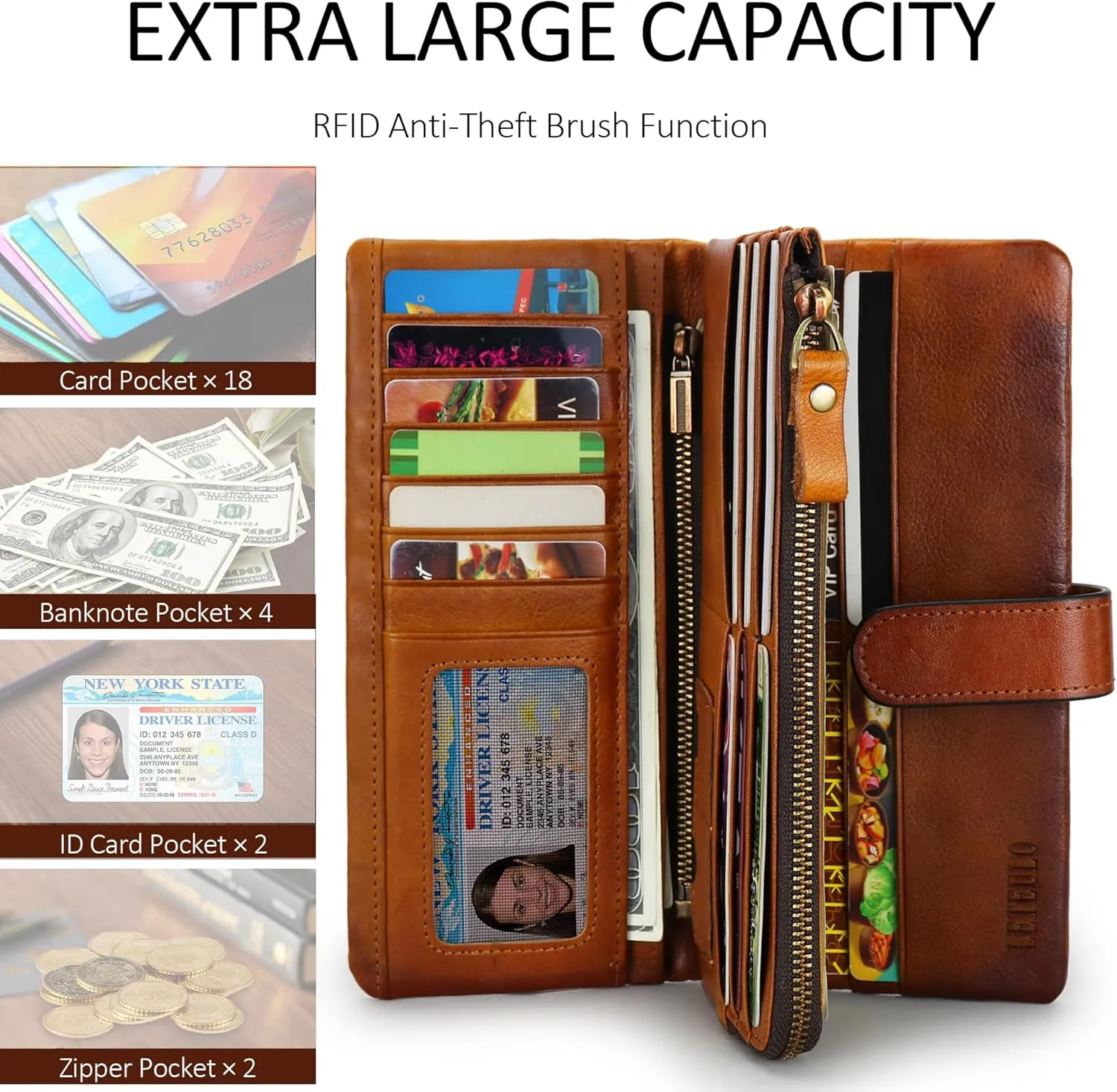 LETEULO Women's RFID Blocking Genuine Leather Wallet Vintage Hand Rubbing Wallets Organizer
