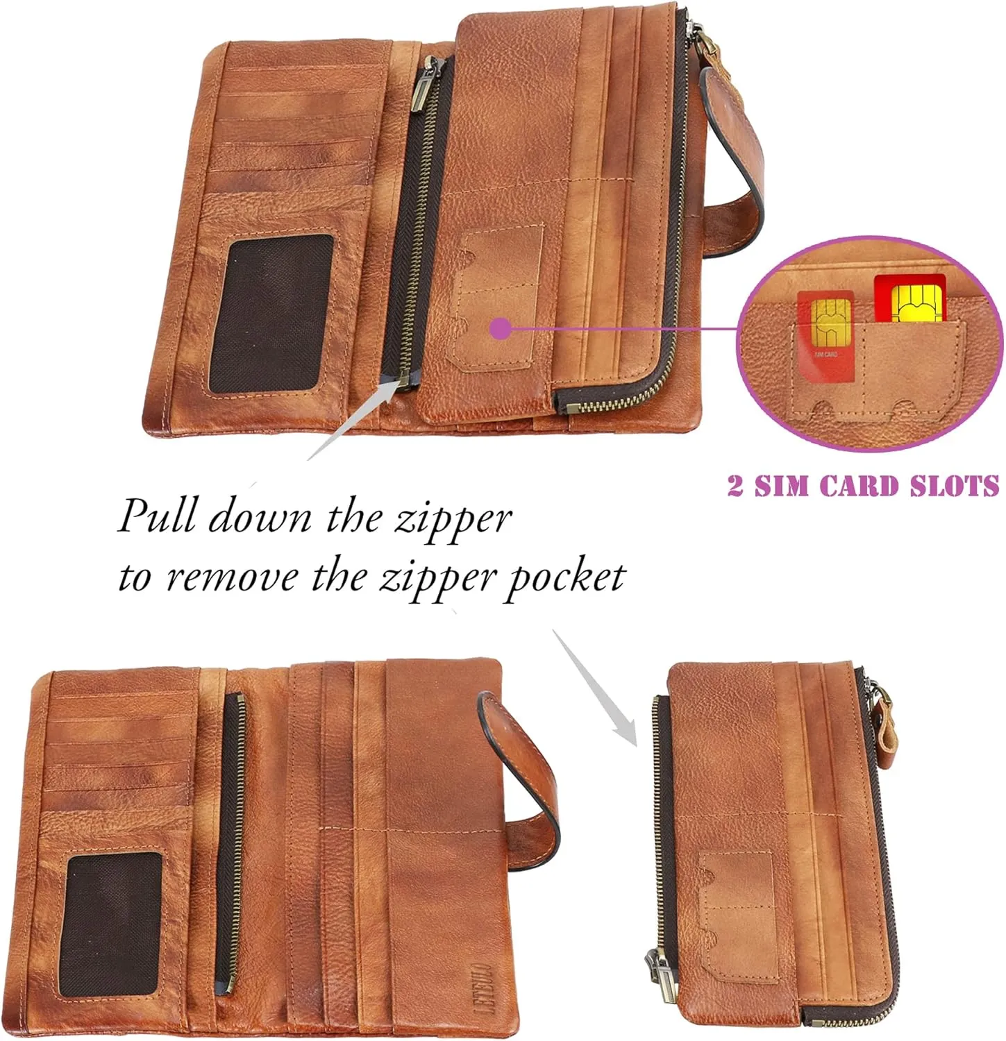 LETEULO Women's RFID Blocking Genuine Leather Wallet Vintage Hand Rubbing Wallets Organizer