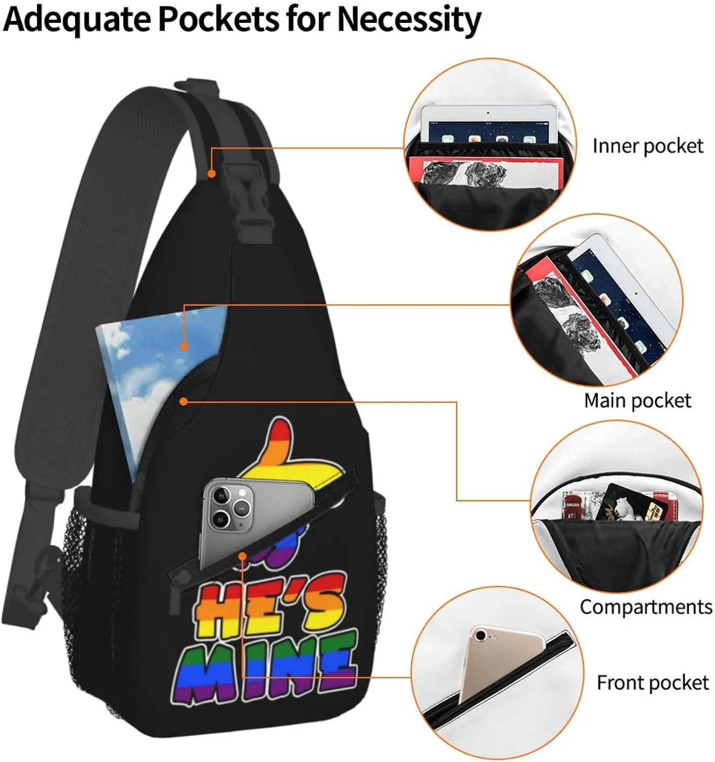 LGBT Gay Pride Love Rainbow Heart Crossbody Bag Adjustable Sling Bag Casual Chest Bags Travel Shoulder Backpack