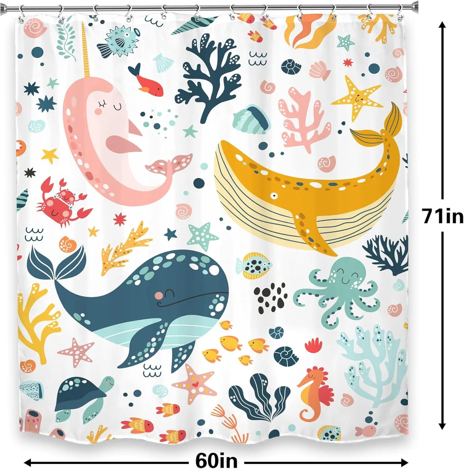 LGhtyro Kids Whale Shower Curtain Bathroom Sets 60Wx71H Inches Fish Ocean Sealife Underwater Coral Starfish Cute Cartoon Unisex Neutral Bath Accessories for Boys Girls Home Decor Fabric 12 Pack Hooks