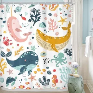 LGhtyro Kids Whale Shower Curtain Bathroom Sets 60Wx71H Inches Fish Ocean Sealife Underwater Coral Starfish Cute Cartoon Unisex Neutral Bath Accessories for Boys Girls Home Decor Fabric 12 Pack Hooks