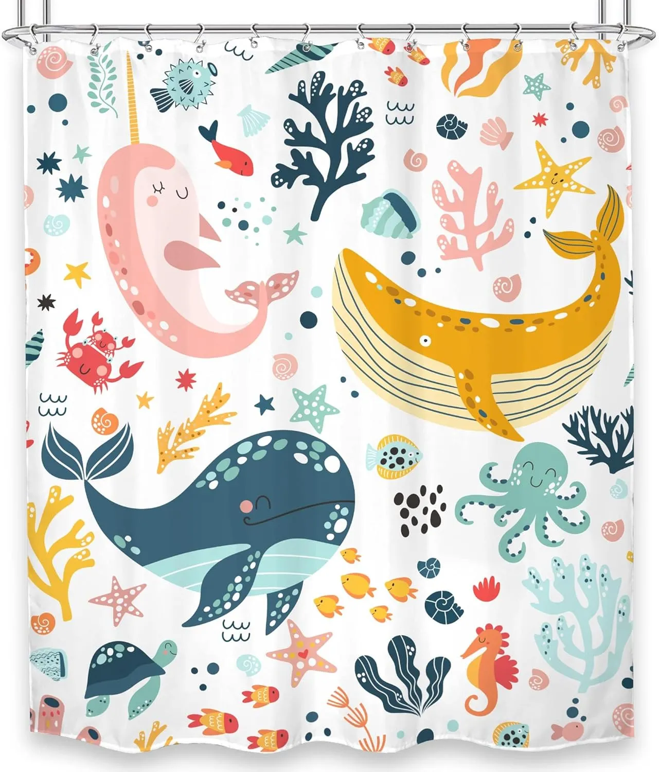 LGhtyro Kids Whale Shower Curtain Bathroom Sets 60Wx71H Inches Fish Ocean Sealife Underwater Coral Starfish Cute Cartoon Unisex Neutral Bath Accessories for Boys Girls Home Decor Fabric 12 Pack Hooks