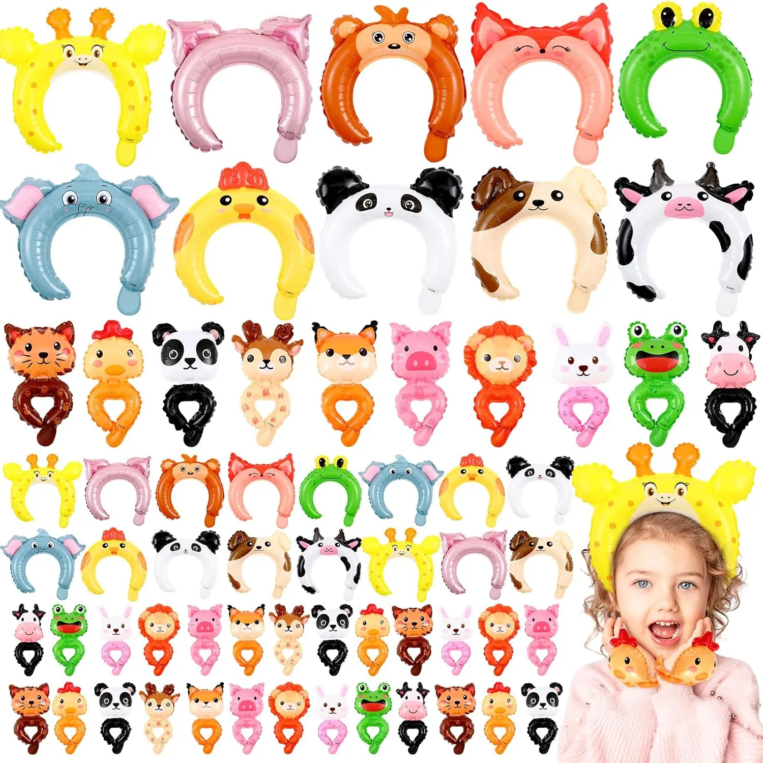 Libima 200 Pcs Zoo Animal Inflatable Headbands Inflatable Wrist Balloons Cartoon Hand Head Wearing Balloons with Pump for Birthday Party Favors Carnival Decorations (Animal)