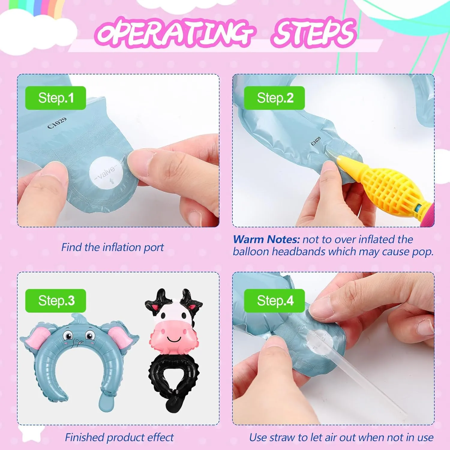 Libima 200 Pcs Zoo Animal Inflatable Headbands Inflatable Wrist Balloons Cartoon Hand Head Wearing Balloons with Pump for Birthday Party Favors Carnival Decorations (Animal)