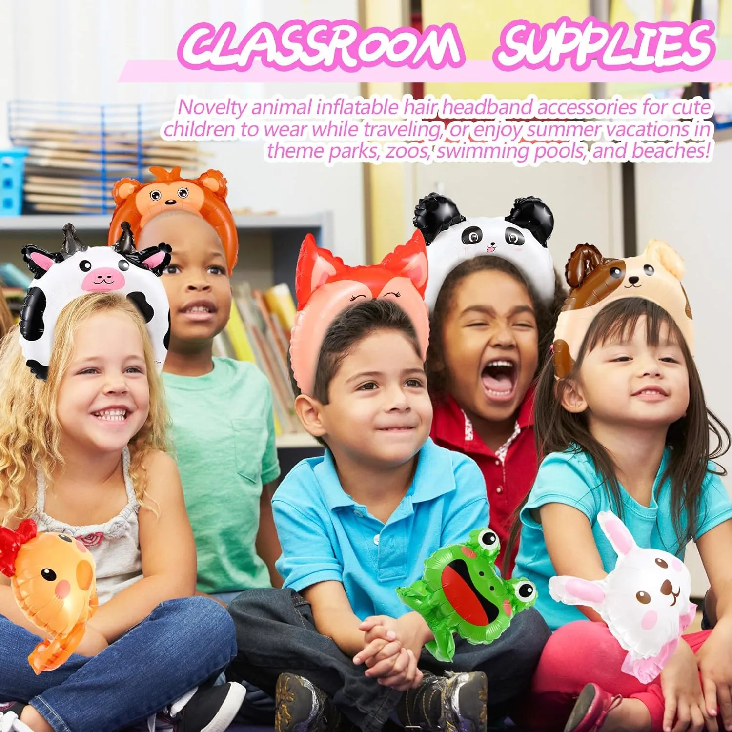 Libima 200 Pcs Zoo Animal Inflatable Headbands Inflatable Wrist Balloons Cartoon Hand Head Wearing Balloons with Pump for Birthday Party Favors Carnival Decorations (Animal)