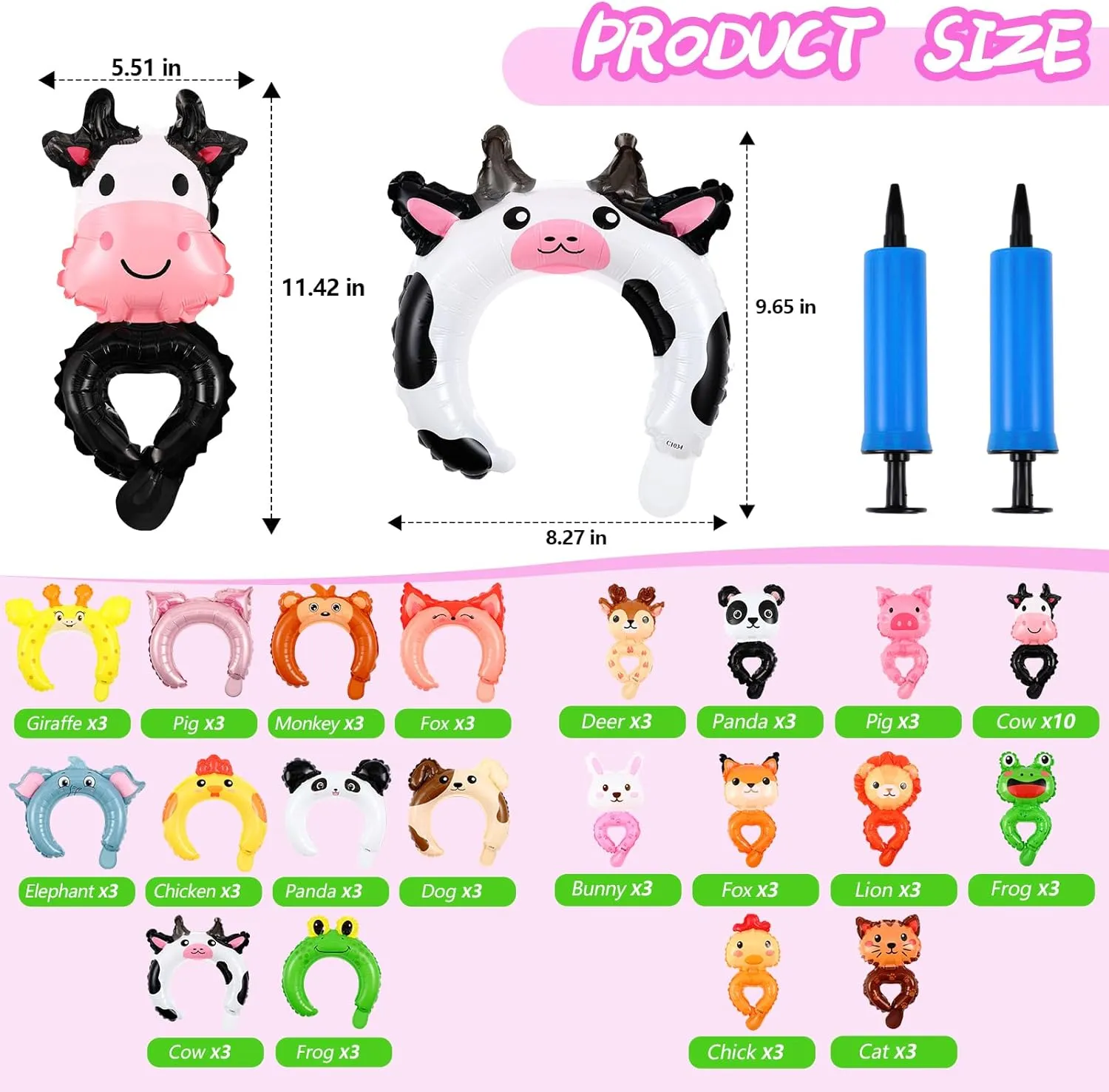 Libima 200 Pcs Zoo Animal Inflatable Headbands Inflatable Wrist Balloons Cartoon Hand Head Wearing Balloons with Pump for Birthday Party Favors Carnival Decorations (Animal)