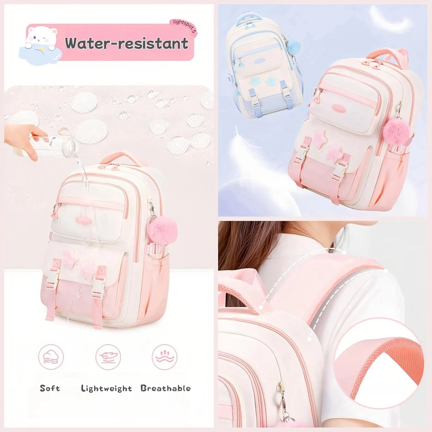 Light Blue Backpack for Girls, School Bags Bookbag for Teen Girls, Girls Backpack for School with Star Pins and Furry Pendant, A08-Blue