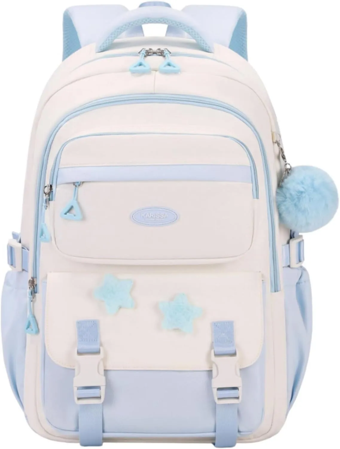 Light Blue Backpack for Girls, School Bags Bookbag for Teen Girls, Girls Backpack for School with Star Pins and Furry Pendant, A08-Blue