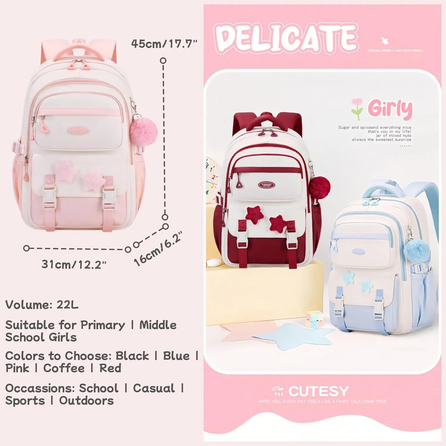 Light Blue Backpack for Girls, School Bags Bookbag for Teen Girls, Girls Backpack for School with Star Pins and Furry Pendant, A08-Blue
