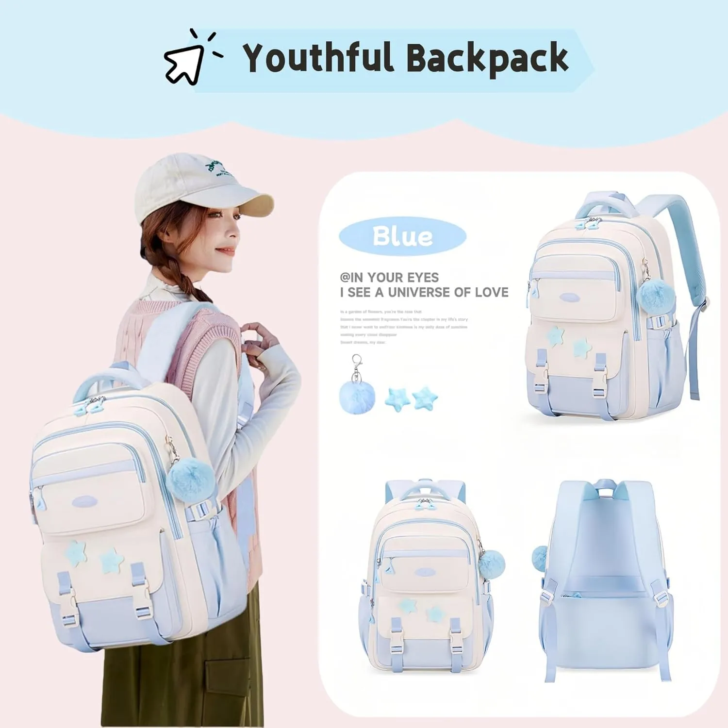 Light Blue Backpack for Girls, School Bags Bookbag for Teen Girls, Girls Backpack for School with Star Pins and Furry Pendant, A08-Blue
