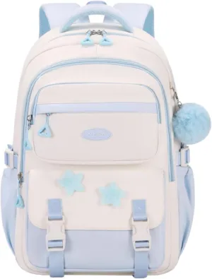 Light Blue Backpack for Girls, School Bags Bookbag for Teen Girls, Girls Backpack for School with Star Pins and Furry Pendant, A08-Blue