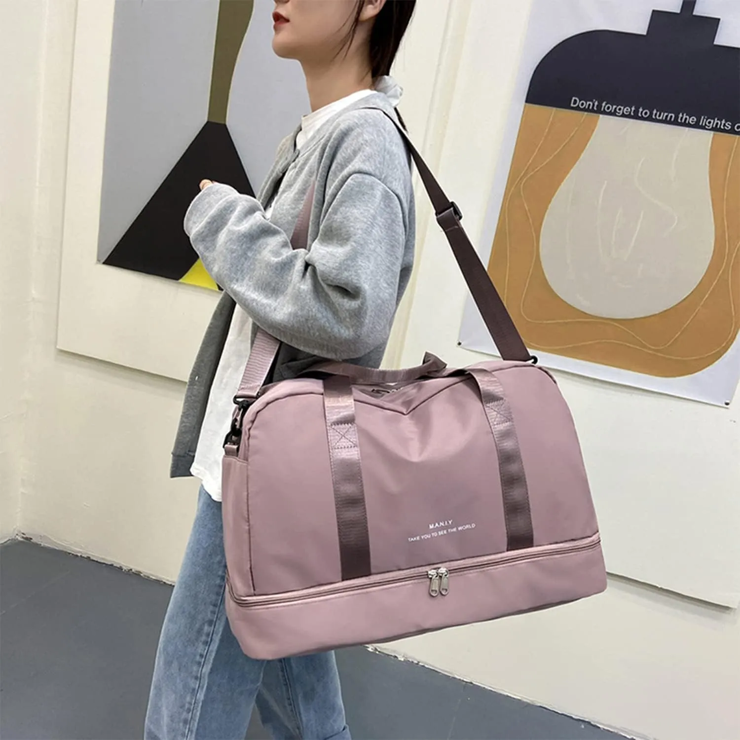 Light Gym Bag with Shoe Compartment, Large Capacity Sports Travel Duffle Bag with Wet Pocket for lady Weekender Overnight Aircraft Bag （Pink）