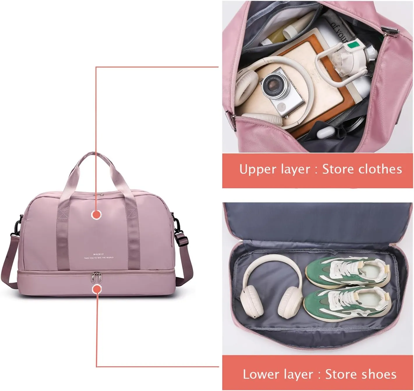 Light Gym Bag with Shoe Compartment, Large Capacity Sports Travel Duffle Bag with Wet Pocket for lady Weekender Overnight Aircraft Bag （Pink）