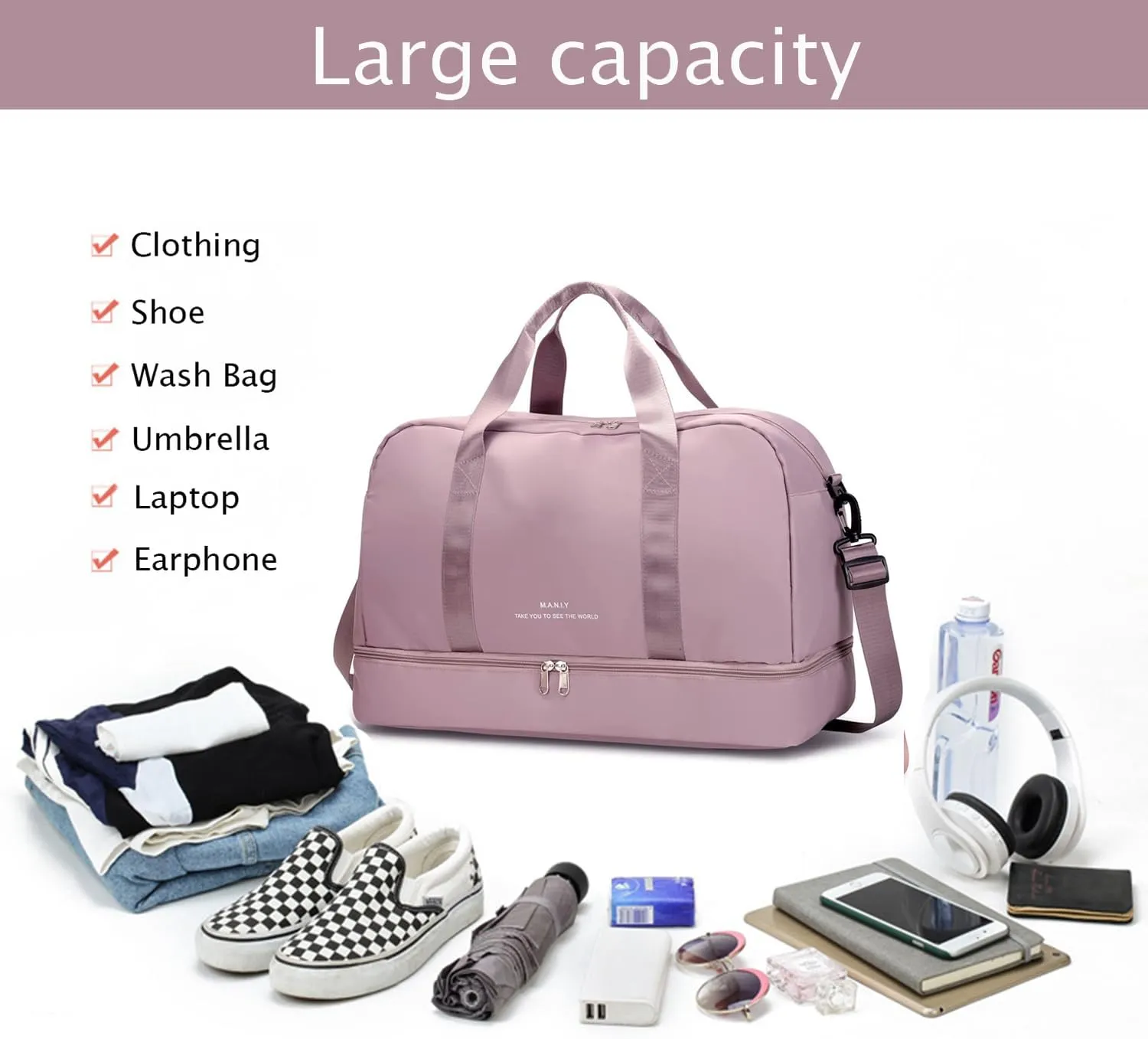 Light Gym Bag with Shoe Compartment, Large Capacity Sports Travel Duffle Bag with Wet Pocket for lady Weekender Overnight Aircraft Bag （Pink）