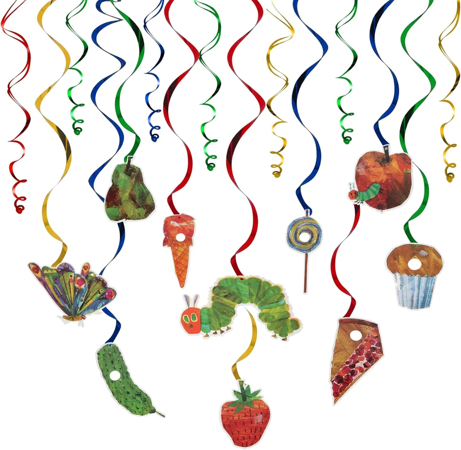 LINGTEER The Very Hungry Insects Cartoon Little Green Caterpillar Butterfly Swirls Streamers - 20 Pcs Children's Reading Story Birthday Party Decorations.