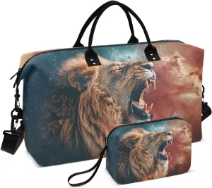 Lion Roar Galaxy Space Travel Duffel Bag Gym Bag Sports Tote Bag with Multiple Interior Pockets Shoulder Weekender Bag for Women Men with Toiletry Bag 20.5”x 7.9”x 13.8”