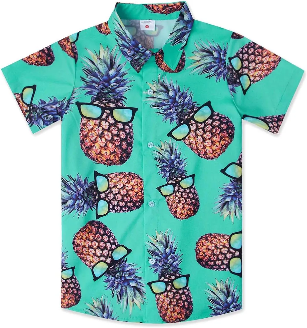 Little & Big Boy's Button Down Hawaiian Shirts Short Sleeve Cool Cartoon Print Dress Tops T-Shirt for Kids 7-14T…