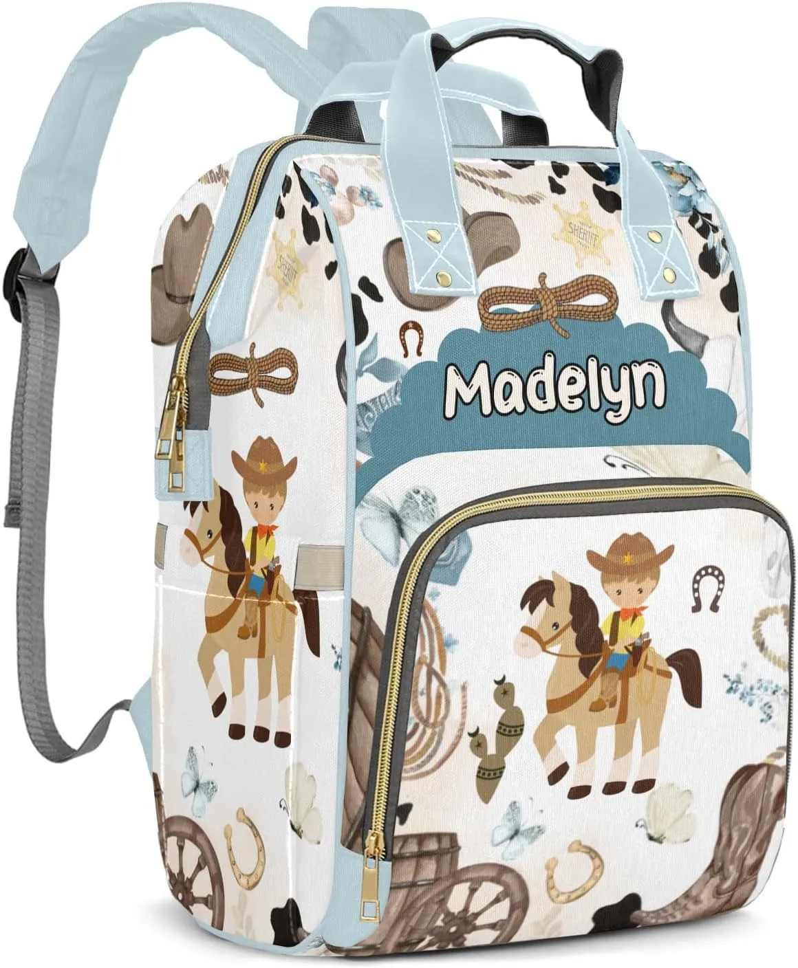 Little Cowboy Horse Wild Western Personalized Large Capacity Diaper Bags,Custom Name Backpack Casual Daypack Bag Nappy Bag Gifts