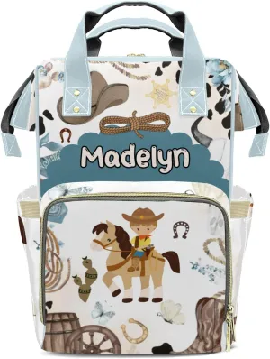 Little Cowboy Horse Wild Western Personalized Large Capacity Diaper Bags,Custom Name Backpack Casual Daypack Bag Nappy Bag Gifts