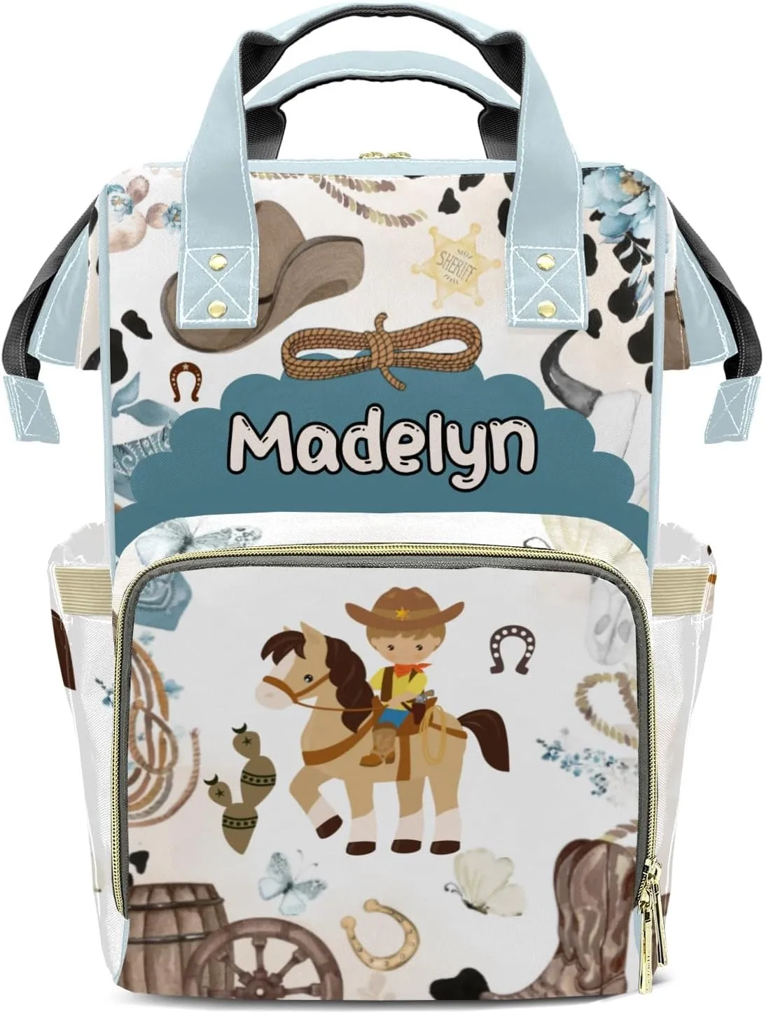 Little Cowboy Horse Wild Western Personalized Large Capacity Diaper Bags,Custom Name Backpack Casual Daypack Bag Nappy Bag Gifts