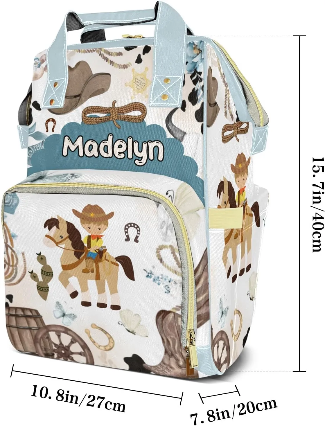 Little Cowboy Horse Wild Western Personalized Large Capacity Diaper Bags,Custom Name Backpack Casual Daypack Bag Nappy Bag Gifts