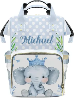 Little Crown Elephant Blue Point Personalized Large Capacity Diaper Bags,Custom Name Backpack Casual Daypack Bag Nappy Bag Gifts
