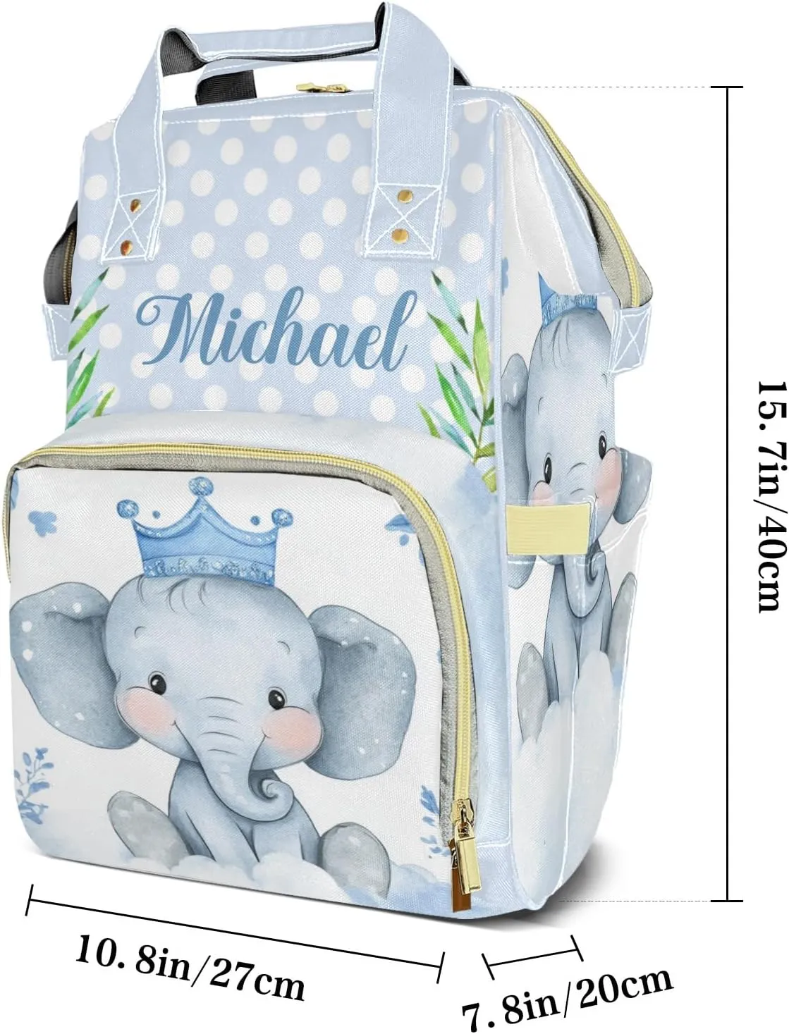 Little Crown Elephant Blue Point Personalized Large Capacity Diaper Bags,Custom Name Backpack Casual Daypack Bag Nappy Bag Gifts