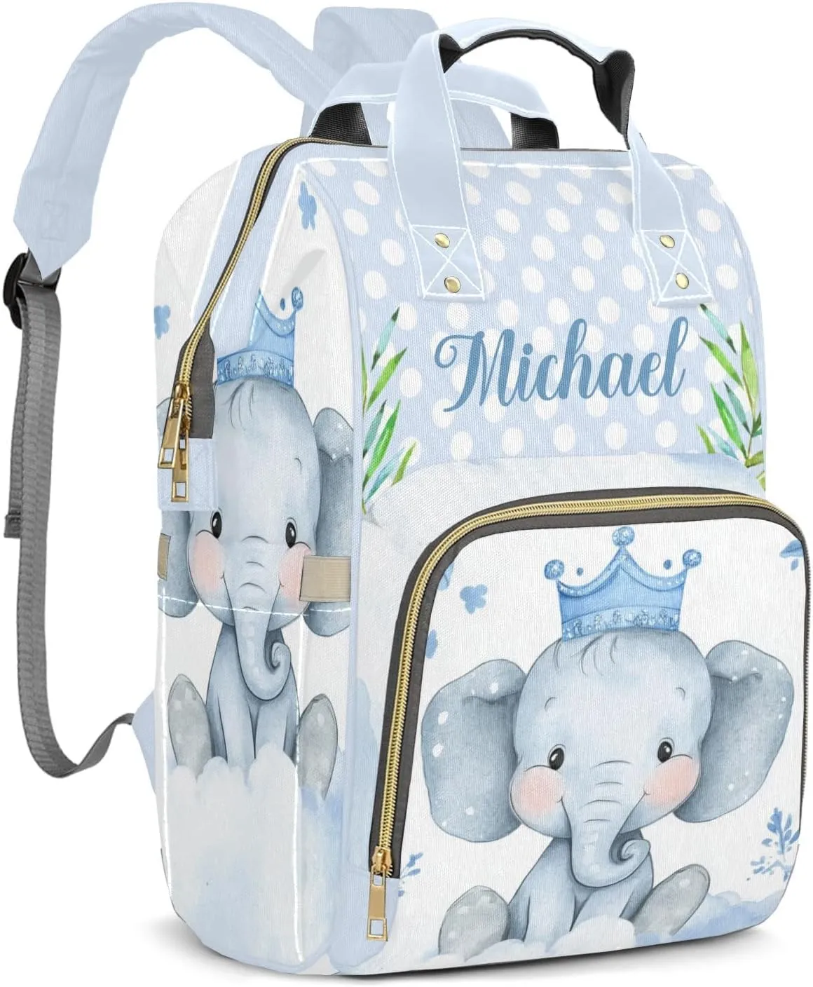 Little Crown Elephant Blue Point Personalized Large Capacity Diaper Bags,Custom Name Backpack Casual Daypack Bag Nappy Bag Gifts