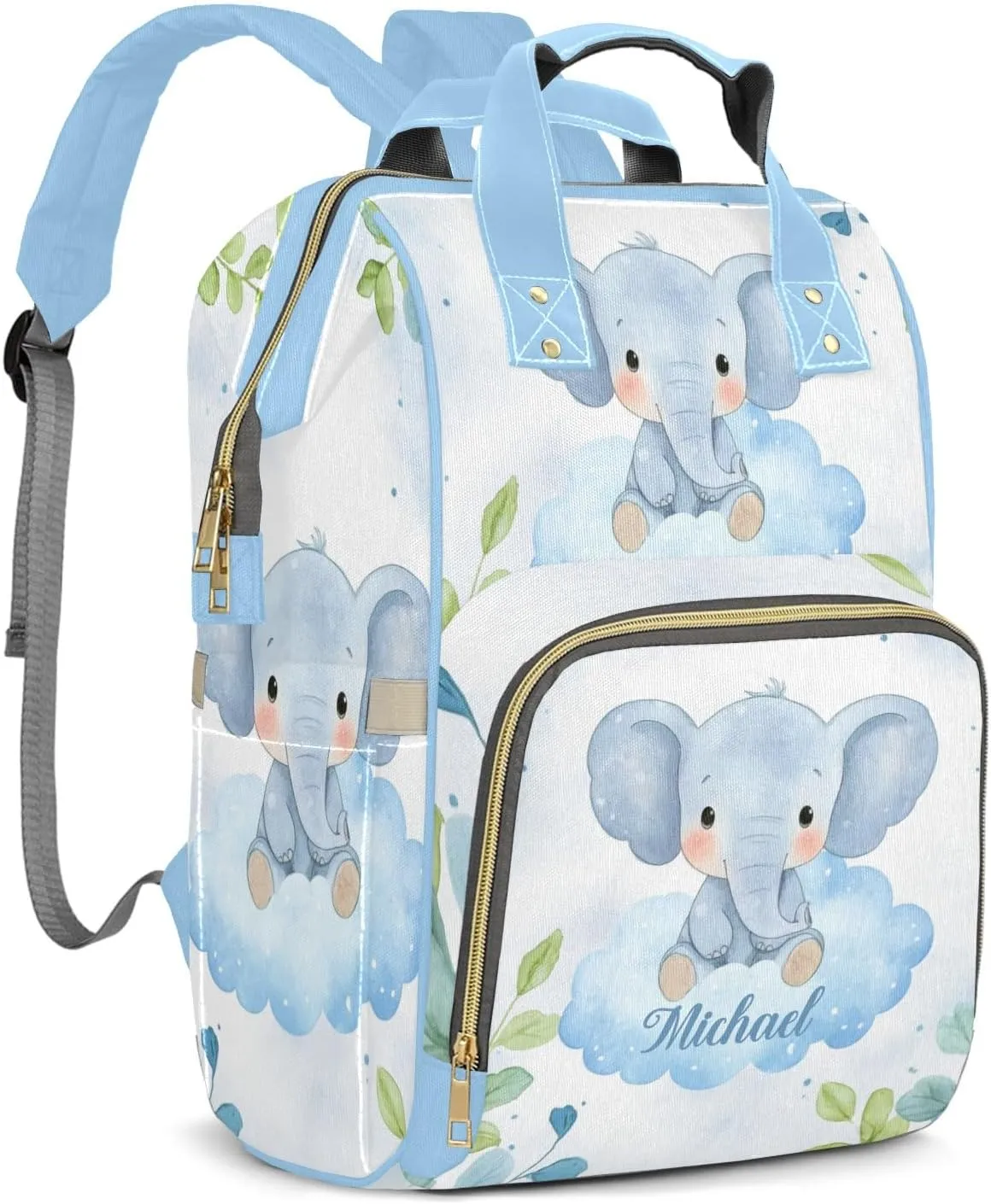 Little Elephant Jungle Leaves Personalized Large Capacity Diaper Bags,Custom Name Backpack Casual Daypack Bag Nappy Bag Gifts