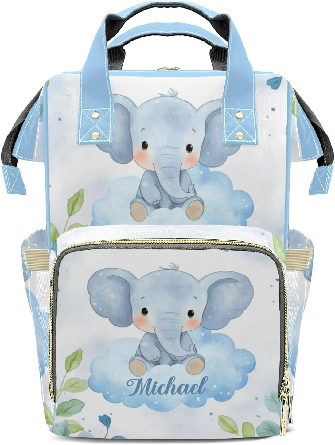 Little Elephant Jungle Leaves Personalized Large Capacity Diaper Bags,Custom Name Backpack Casual Daypack Bag Nappy Bag Gifts