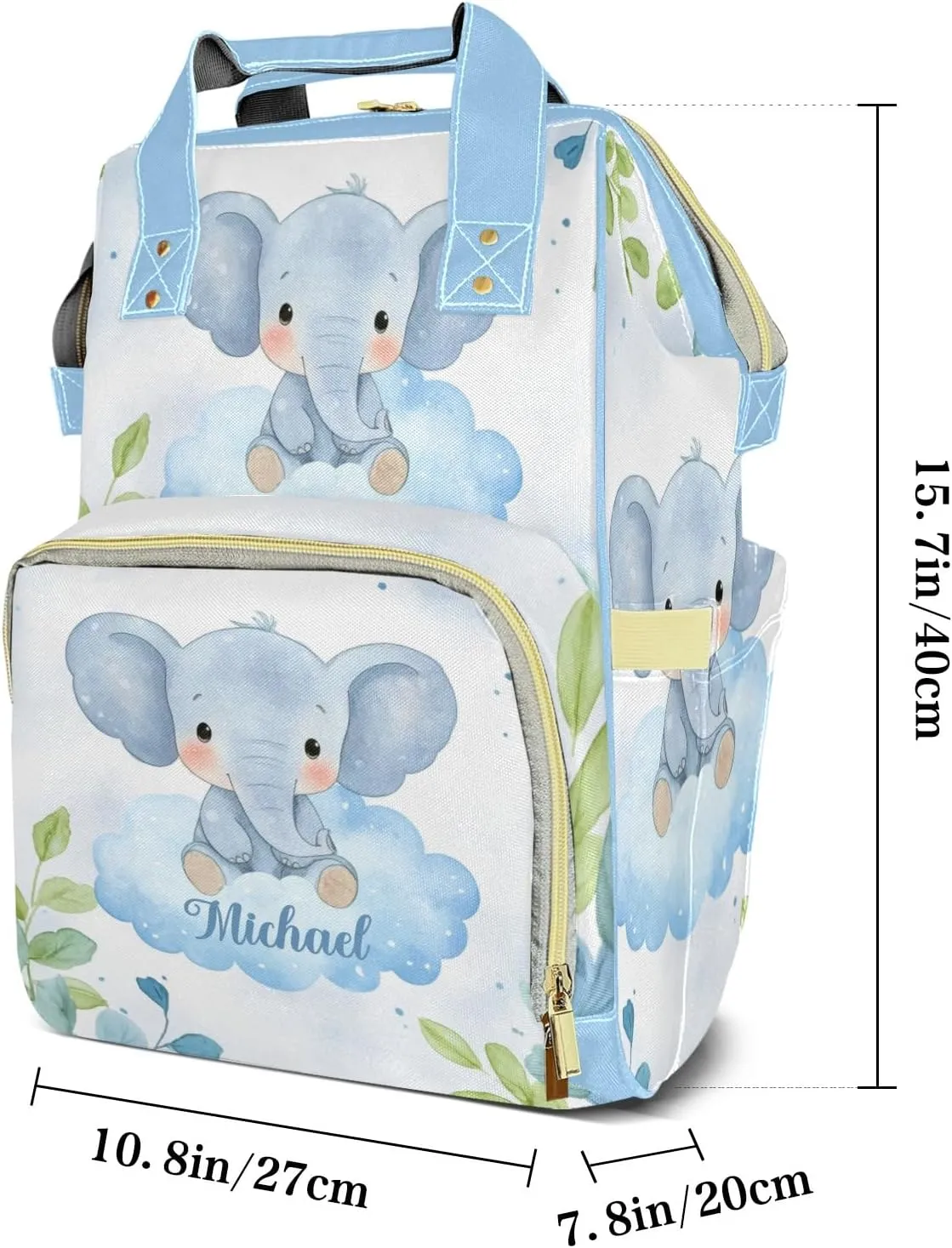 Little Elephant Jungle Leaves Personalized Large Capacity Diaper Bags,Custom Name Backpack Casual Daypack Bag Nappy Bag Gifts
