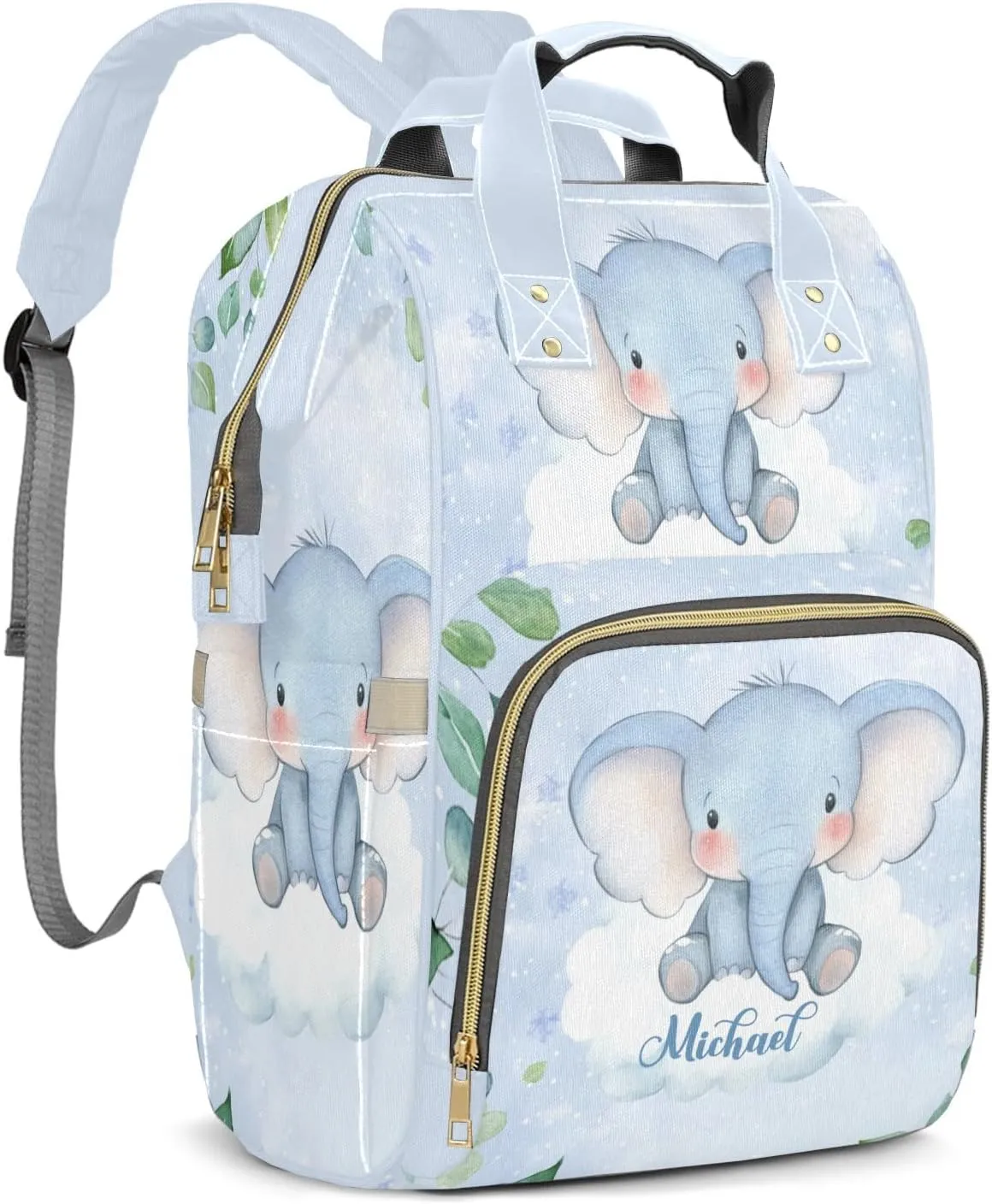 Little Elephant Leaf Personalized Large Capacity Diaper Bags,Custom Name Backpack Casual Daypack Bag Nappy Bag Gifts