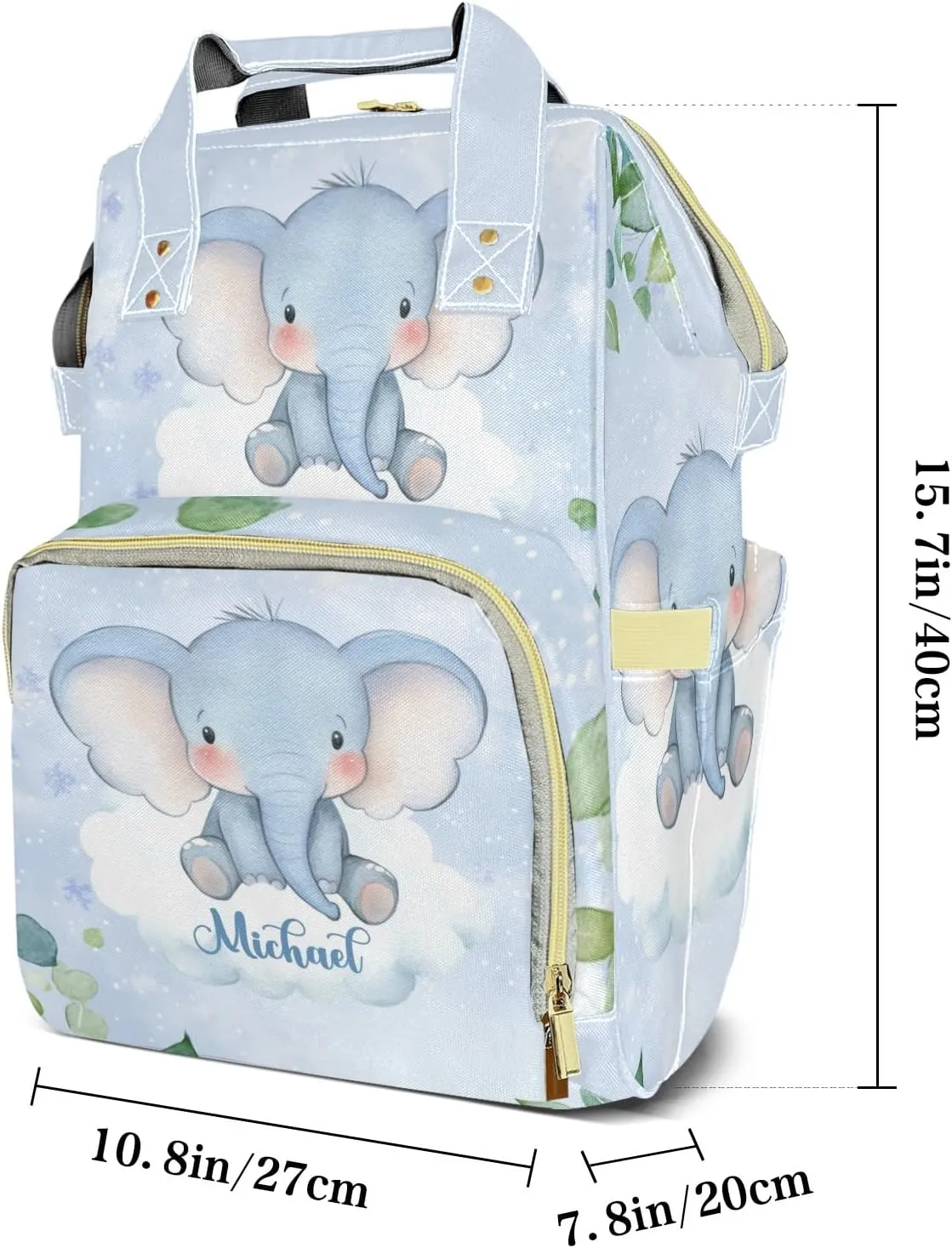 Little Elephant Leaf Personalized Large Capacity Diaper Bags,Custom Name Backpack Casual Daypack Bag Nappy Bag Gifts