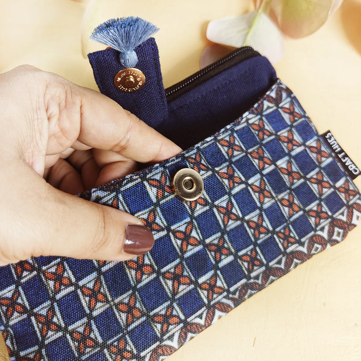 Long Mini Wallet - Blue Checks Madhubani