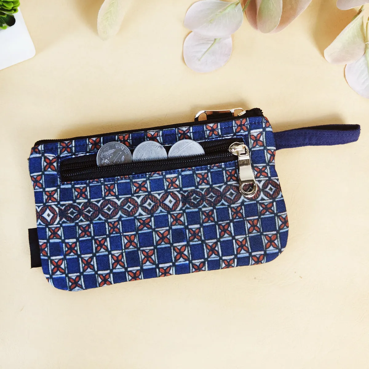 Long Mini Wallet - Blue Checks Madhubani