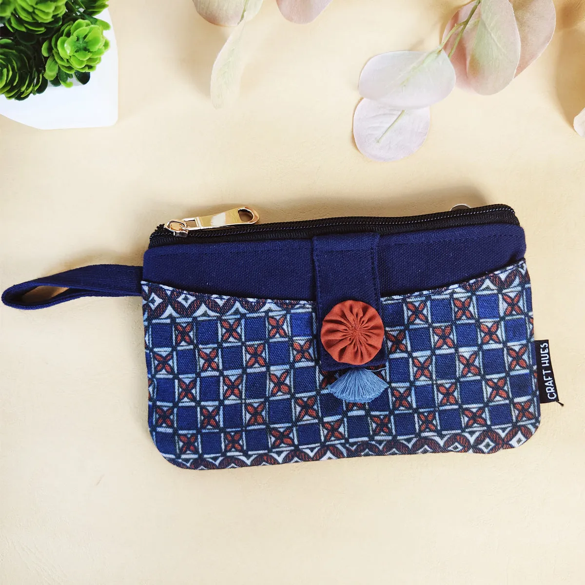 Long Mini Wallet - Blue Checks Madhubani