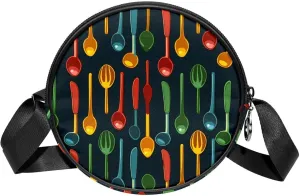 Long Strap Crossbody Bag, Round, Shoulder Bag for Women, Forks and knives Seamless
