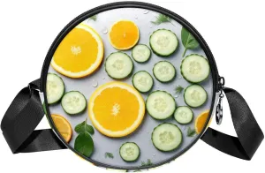 Long Strap Crossbody Bag, Round, Shoulder Bag for Women, Orange and Cucumber