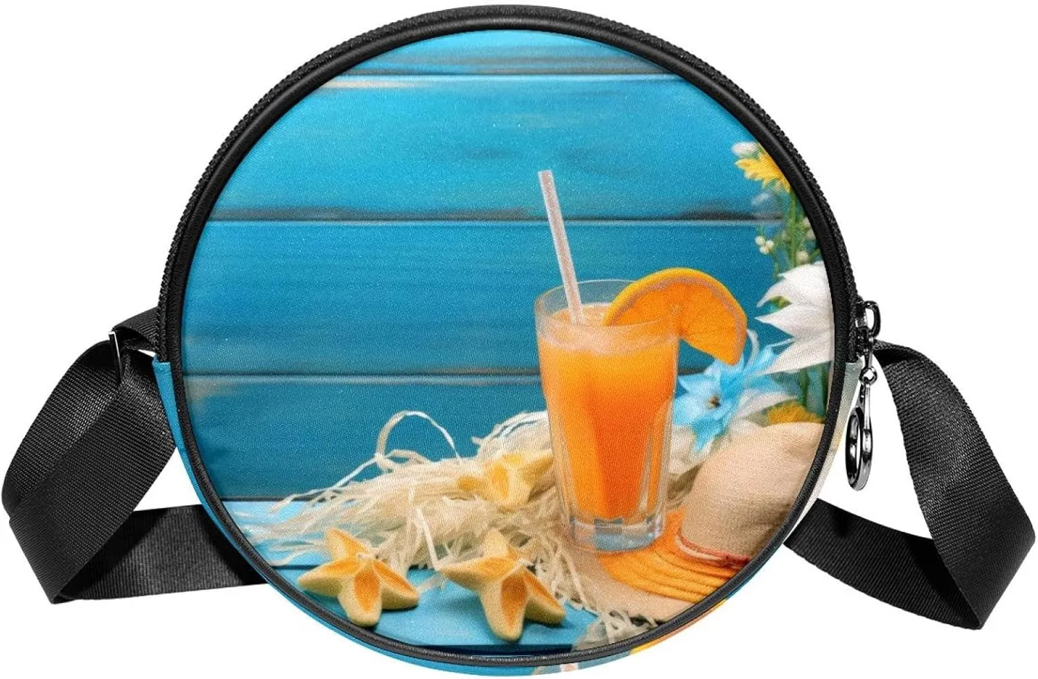 Long Strap Crossbody Bag, Round, Shoulder Bag for Women, orange juice and hat