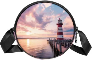 Long Strap Crossbody Bag, Round, Shoulder Bag for Women, sea and lighthouse