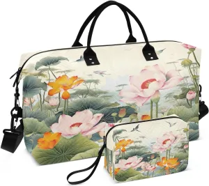 Lotus Pond Flowers Travel Duffel Bag, Shoulder Weekender Overnight Bags - Large Gym Bag with Wet Pocket