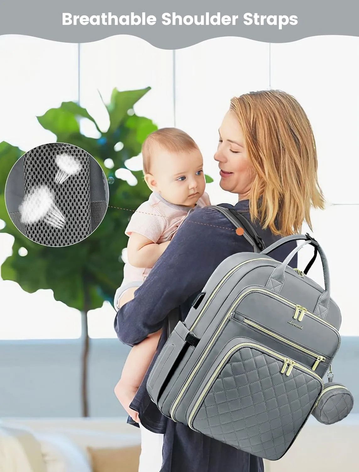 LOVEVOOK Baby Diaper Bag,Waterproof Diaper Backpack with USB Charging Port for Baby, Large Capacity Fit for 15.6 inch Laptop,Light Grey