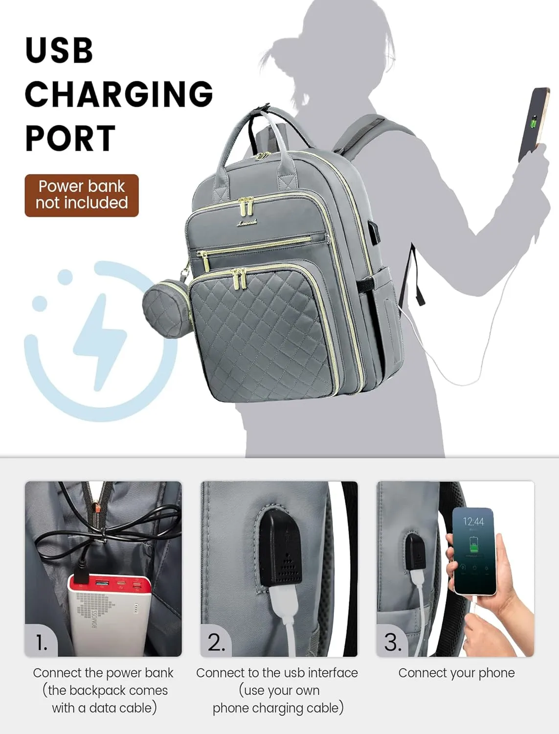 LOVEVOOK Baby Diaper Bag,Waterproof Diaper Backpack with USB Charging Port for Baby, Large Capacity Fit for 15.6 inch Laptop,Light Grey