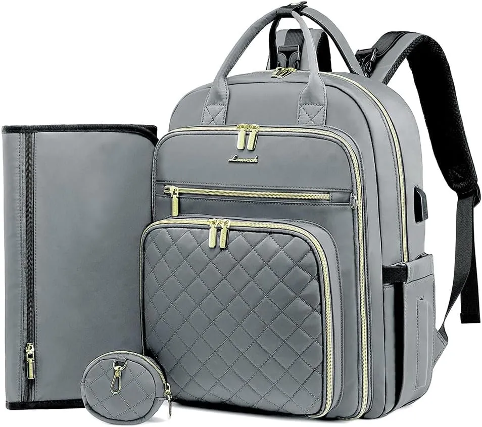 LOVEVOOK Baby Diaper Bag,Waterproof Diaper Backpack with USB Charging Port for Baby, Large Capacity Fit for 15.6 inch Laptop,Light Grey