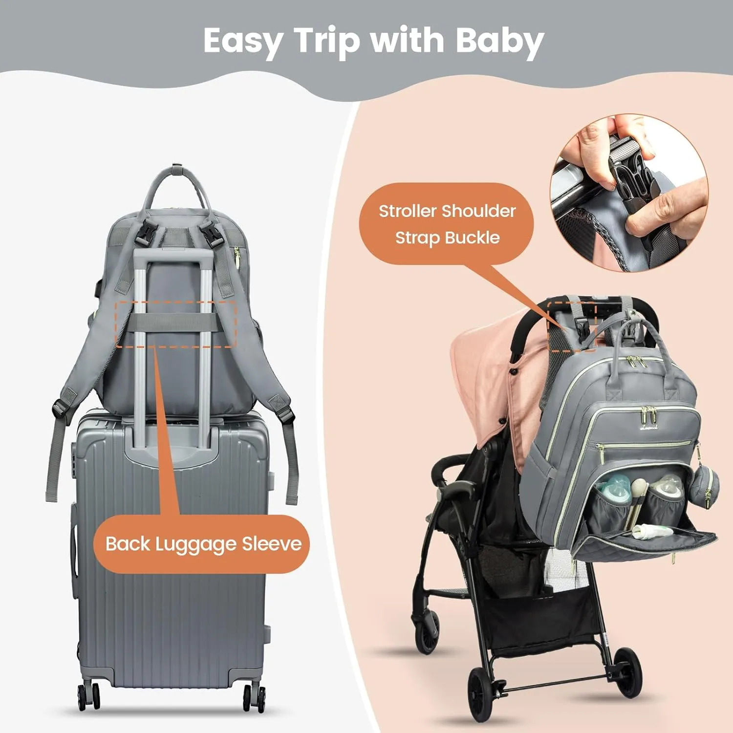 LOVEVOOK Baby Diaper Bag,Waterproof Diaper Backpack with USB Charging Port for Baby, Large Capacity Fit for 15.6 inch Laptop,Light Grey