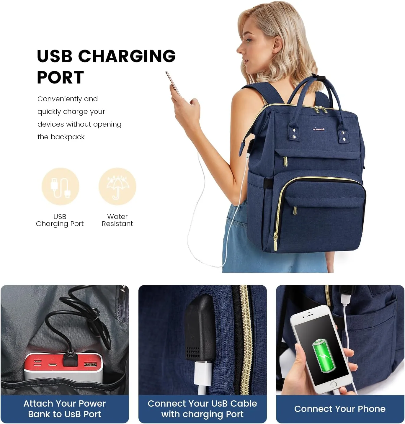 LOVEVOOK College Laptop Backpack, 15.6 Inch Travel Backpack for College, Waterproof Work Backpack Woman for Teacher Nurse Anti-theft Travel Back Pack, Gifts for Women, Navy Blue