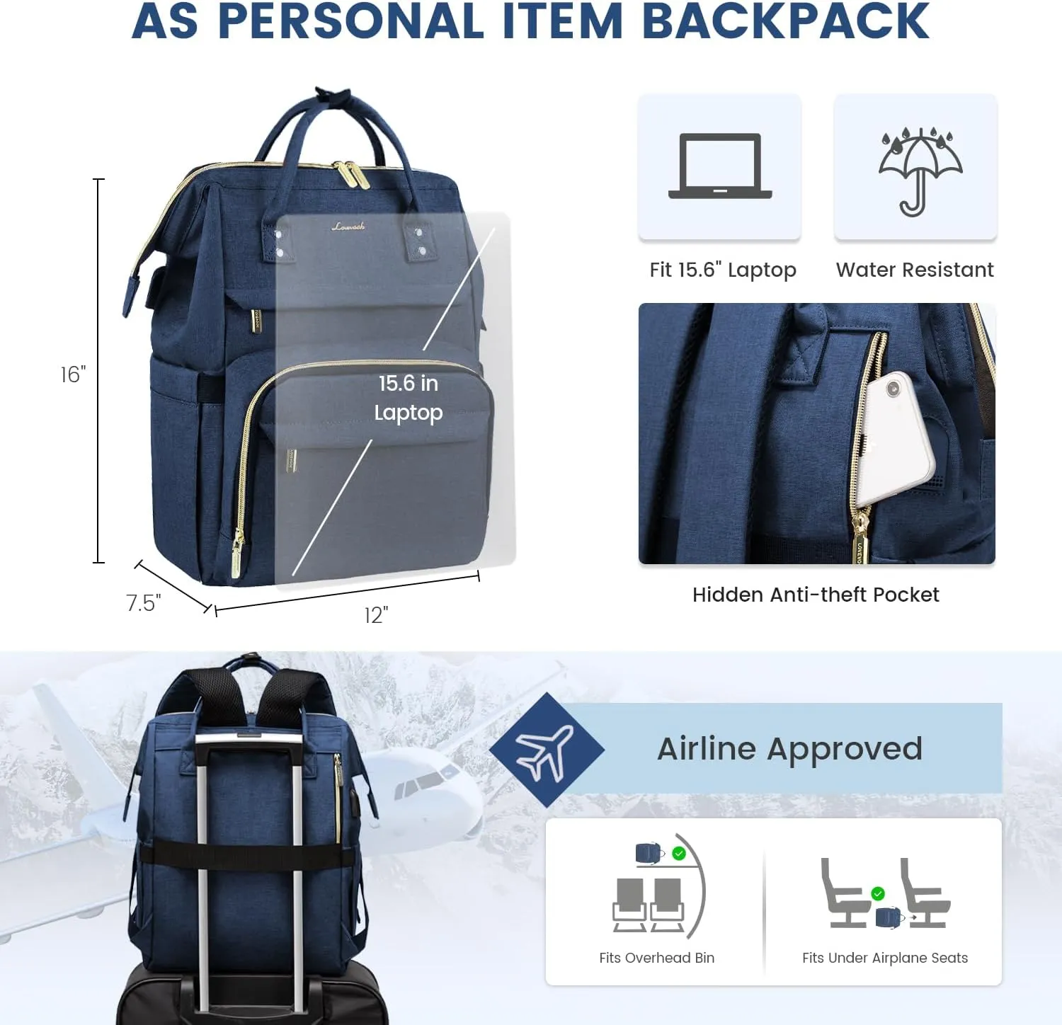 LOVEVOOK College Laptop Backpack, 15.6 Inch Travel Backpack for College, Waterproof Work Backpack Woman for Teacher Nurse Anti-theft Travel Back Pack, Gifts for Women, Navy Blue