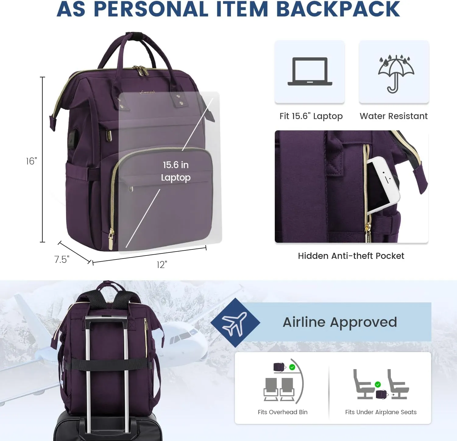 LOVEVOOK College Laptop Backpack, 15.6 Inch Travel Backpack for College, Waterproof Work Backpack Woman for Teacher Nurse Anti-theft Travel Back Pack, Gifts for Women,Dark Purple