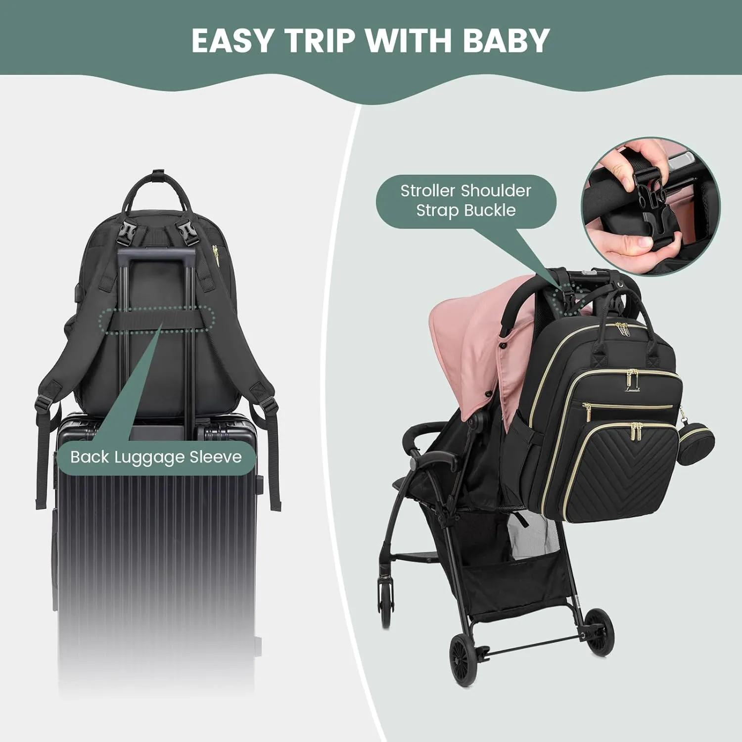 LOVEVOOK Diaper Bag Backpack, Quilted Baby Bag with Changing Pad & Pacifier Holder, Waterproof Travel Diaper Bags with USB Charging Port, Functional Durable Large Capacity, Black