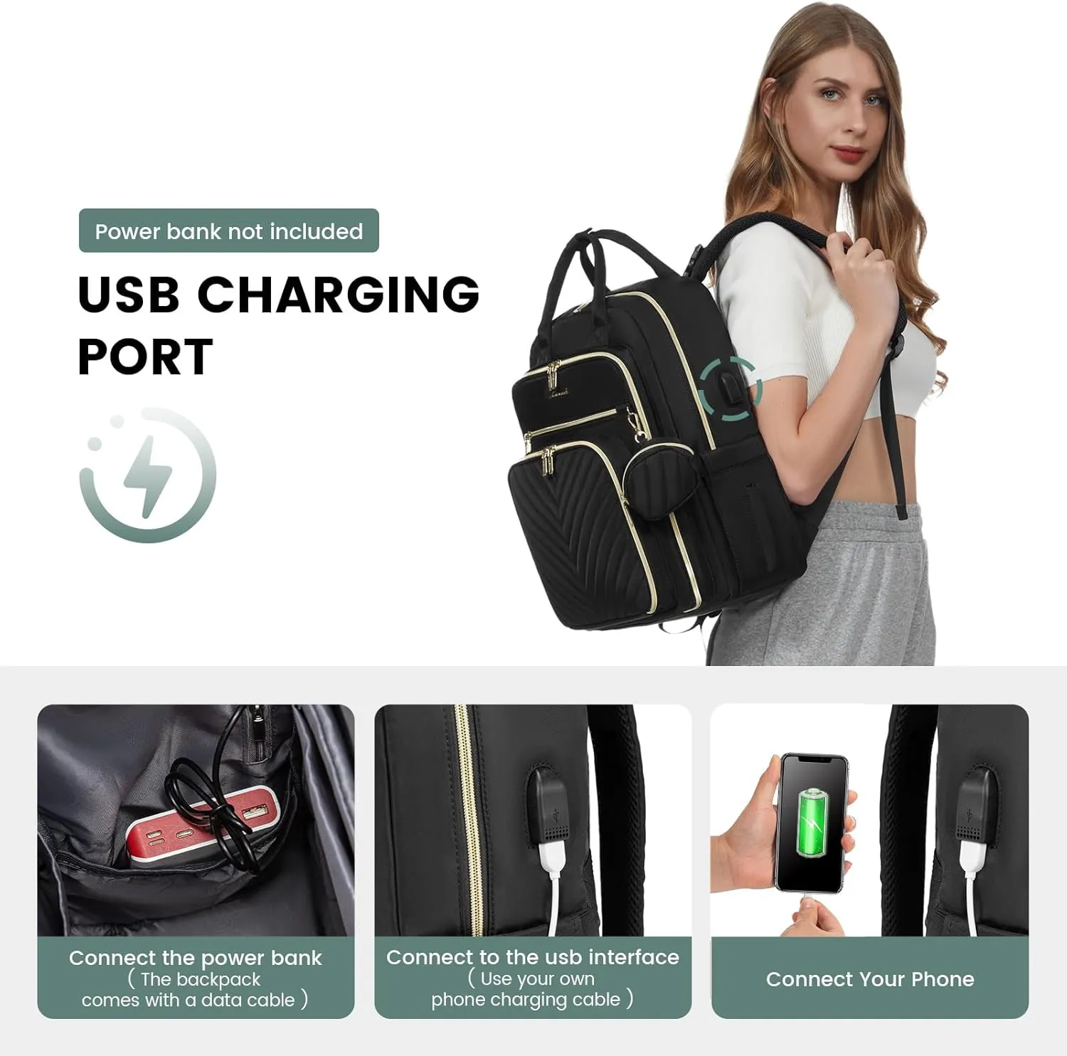 LOVEVOOK Diaper Bag Backpack, Quilted Baby Bag with Changing Pad & Pacifier Holder, Waterproof Travel Diaper Bags with USB Charging Port, Functional Durable Large Capacity, Black